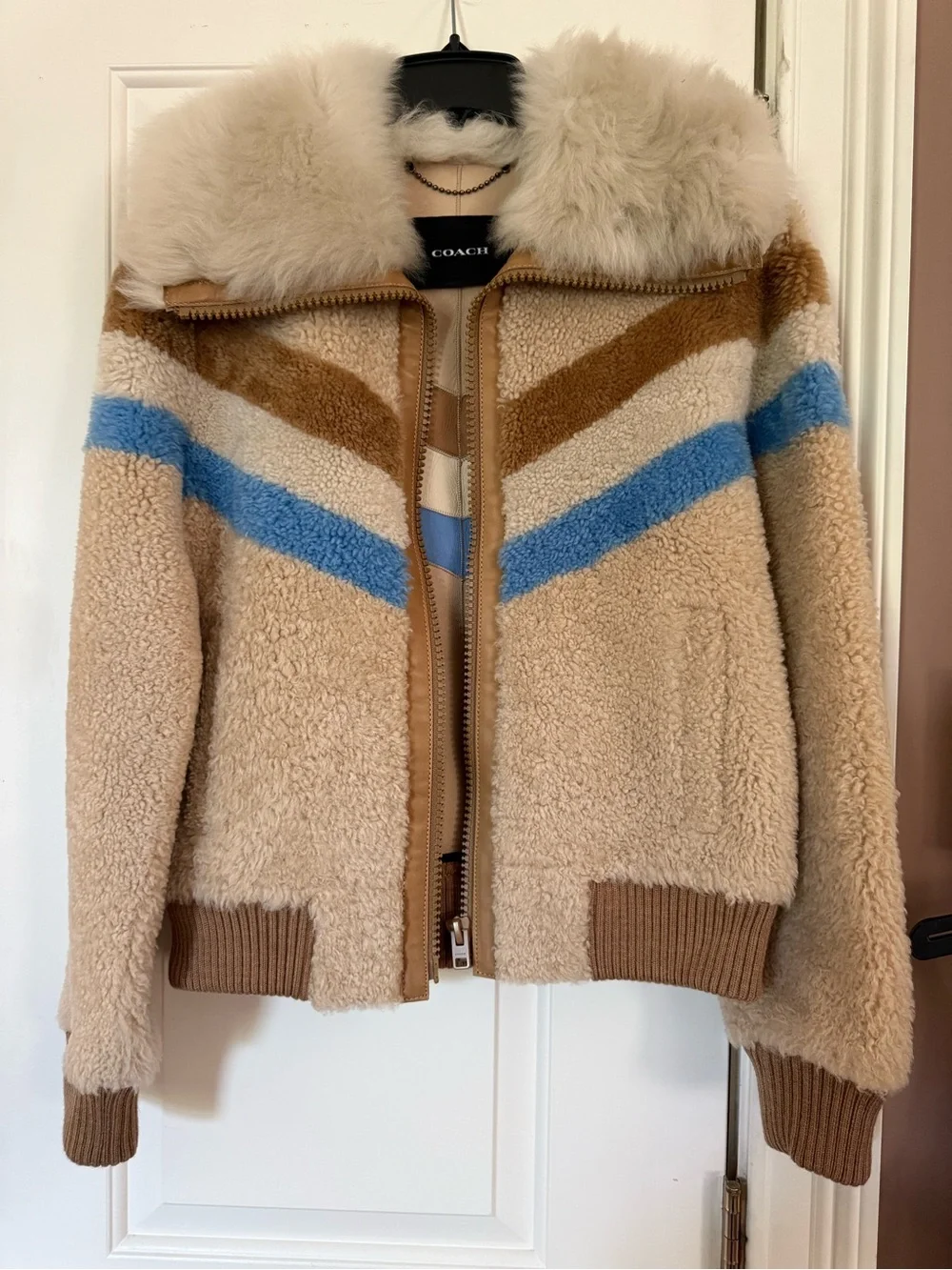 Coach Beige Sherpa Jacket with Blue & Tan Chevron Stripes